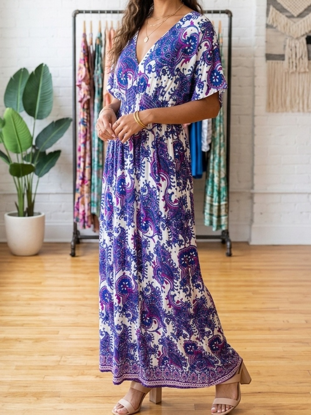 Michael Kors Dress Womens Size Medium Purple Paisley V Neck Maxi Vacation Casual